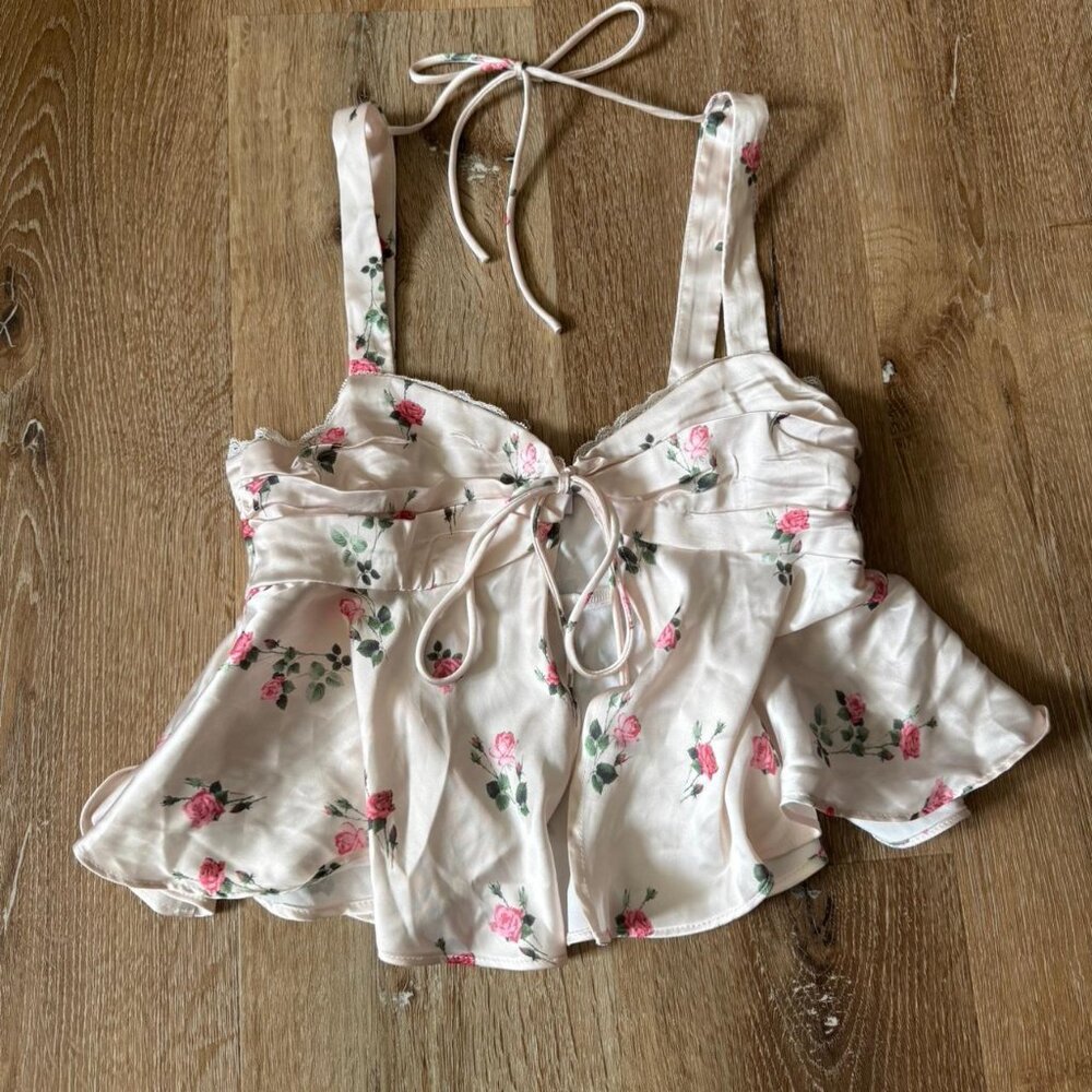 Princess Polly Crop Ruffle Tie pink and white roses Tank‎ Top size 2 (XS-S)